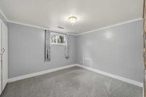 Spare room featuring ornamental molding and light colored carpet