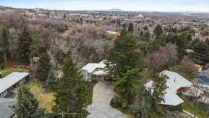 Aerial view of residential area with a mountainous background