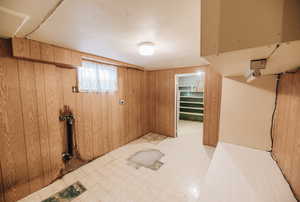 Below grade area featuring light floors and wooden walls