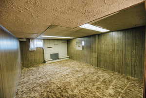 Basement with a brick fireplace, wooden walls, and carpet flooring