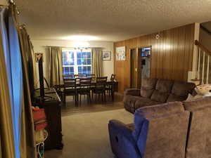 Living room featuring a chandelier, a textured ceiling, and wooden walls