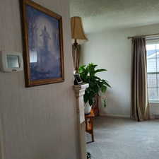 Corridor with light carpet and a textured ceiling
