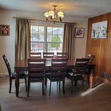 Dining space featuring wood walls, wood finished floors, suspended lighting, and a textured ceiling