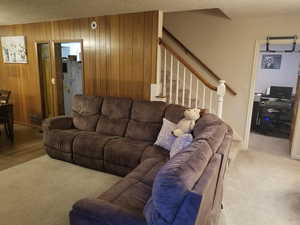Carpeted living room featuring a textured ceiling and wood walls