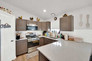 Kitchen featuring stainless steel appliances, dark wood finish cabinets, a peninsula, vaulted ceiling, and light wood finished floors