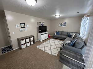 Carpeted living room featuring a textured ceiling and baseboards