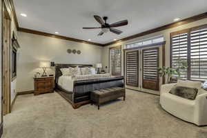 Bedroom with access to outside, ornamental molding, carpet floors, ceiling fan, and recessed lighting