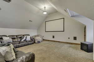 Cinema room featuring carpet floors, a skylight, and a textured ceiling