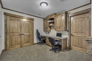 Office space with built in study area, ornamental molding, light carpet, and a textured ceiling