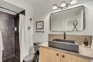 Full bath with vanity and a stall shower