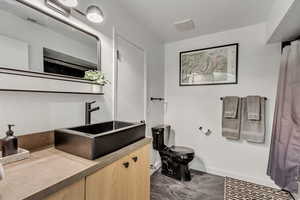 Full bath with vanity and a shower with curtain