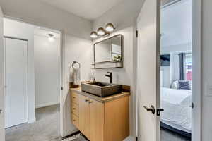 Bathroom featuring vanity, ensuite bath, and light colored carpet