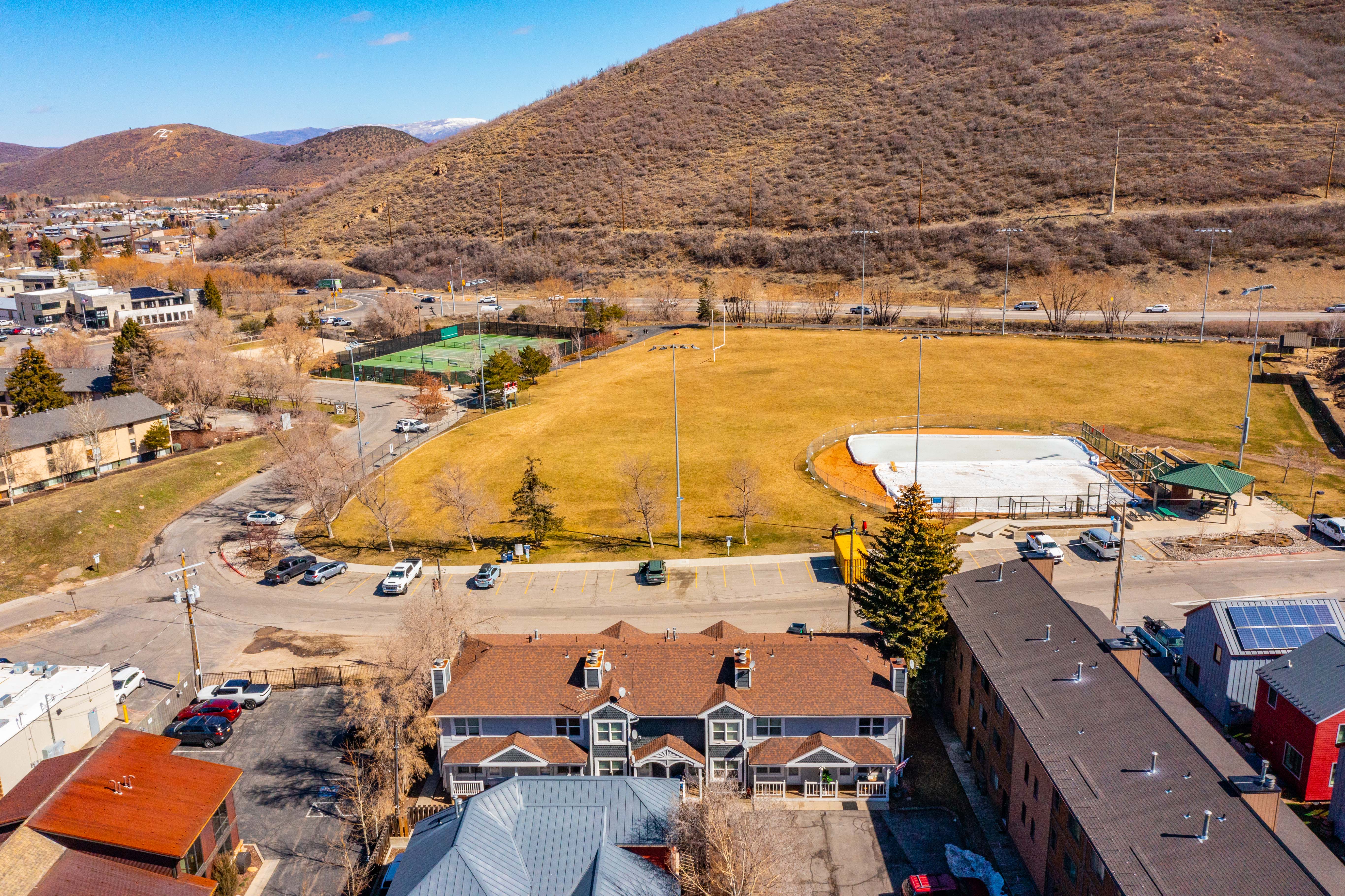 Aerial view of a mountain backdrop