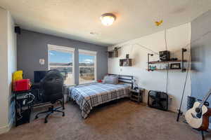 Carpeted bedroom with a textured ceiling, an office area, and a heating unit