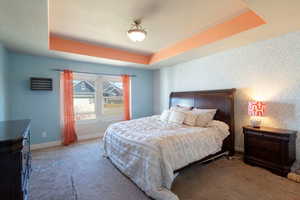 Bedroom featuring a tray ceiling and carpet flooring