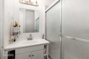 Full bathroom featuring vanity and a stall shower