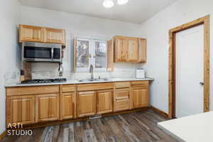 Kitchen with light countertops, stainless steel appliances, dark wood-style floors, and light wood finish cabinetry