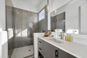 Full bathroom with vanity and a shower stall