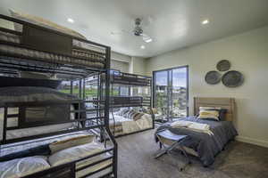 Bedroom featuring recessed lighting, carpet floors, and a ceiling fan