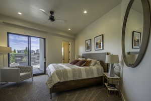Carpeted bedroom featuring access to exterior, ceiling fan, and recessed lighting