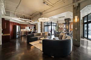 Common area with a high ceiling