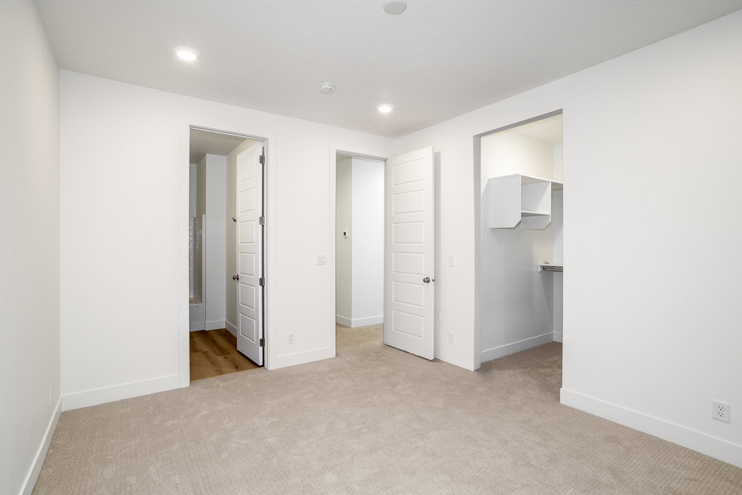 Unfurnished bedroom featuring a walk in closet, light colored carpet, and recessed lighting