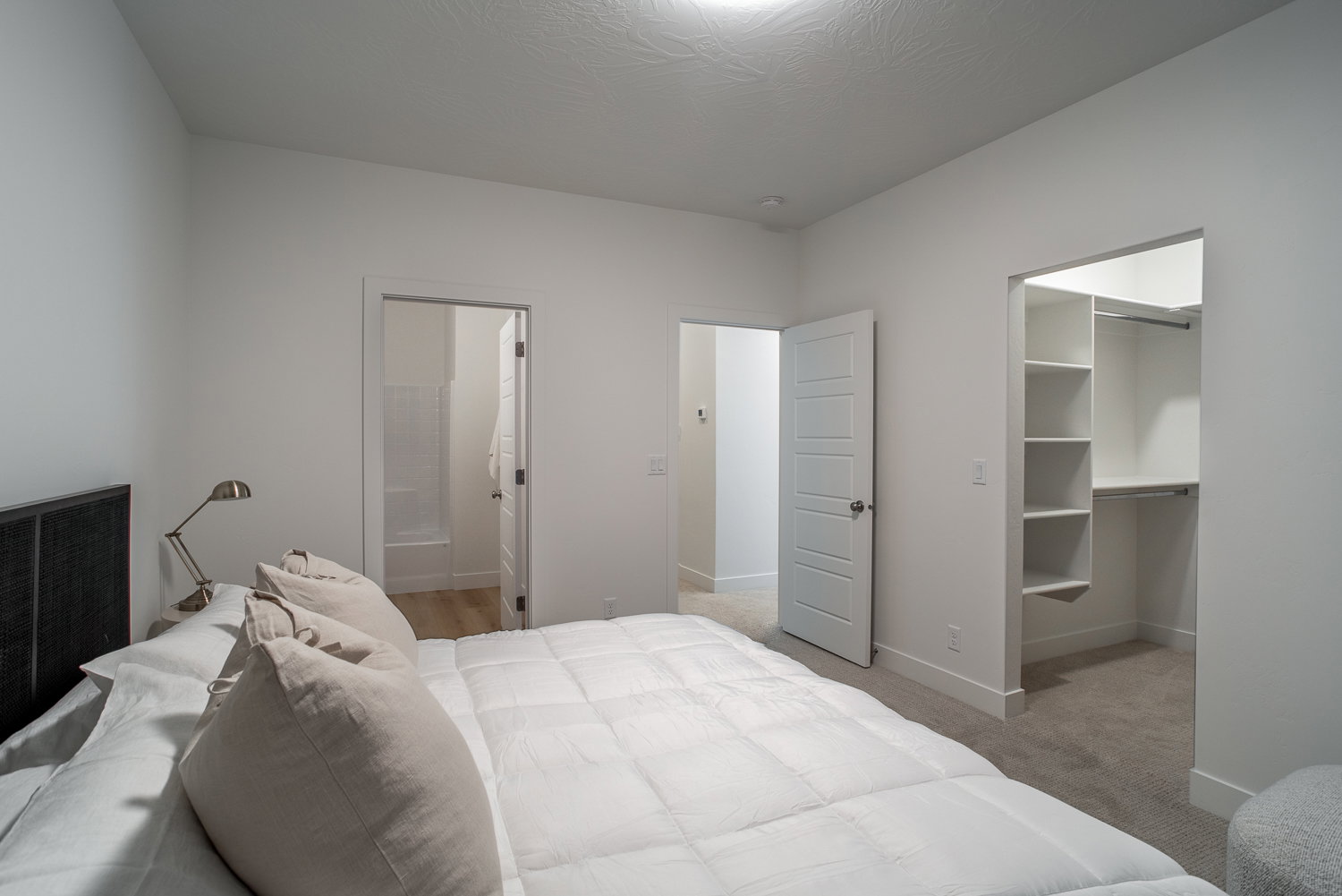 Bedroom featuring a walk in closet, light carpet, and connected bathroom