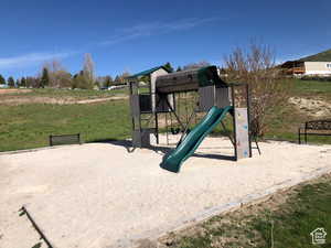 Community jungle gym featuring a lawn