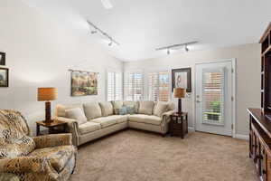 Living area with light carpet and rail lighting