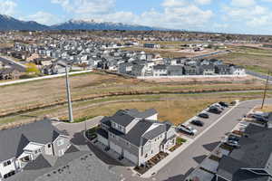 Aerial view of residential area with a mountain backdrop
