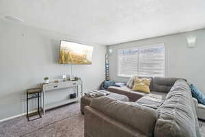 Carpeted living area featuring a textured ceiling and baseboards