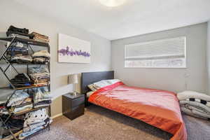 Carpeted bedroom featuring baseboards