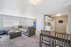 Living area with a textured ceiling and light carpet