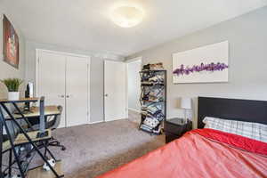 Carpeted bedroom featuring a closet and a textured ceiling