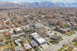 Aerial perspective of suburban area with mountains