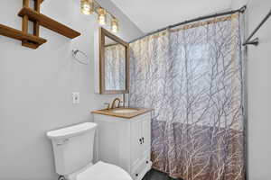 Full bathroom featuring curtained shower and vanity