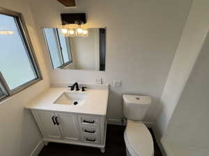 Bathroom featuring vanity and dark wood-style flooring