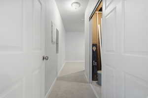 Corridor with light colored carpet and closet