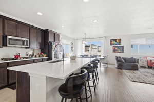 Kitchen featuring dark wood finish cabinets, light wood finished floors, open floor plan, and a kitchen breakfast bar