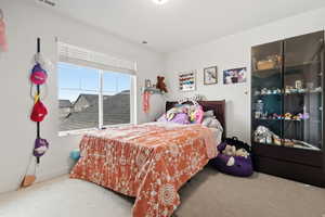 Carpeted bedroom featuring a closet and baseboards