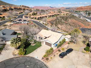 Aerial view of residential area with mountains