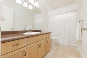 Full bathroom with vanity and ornamental molding