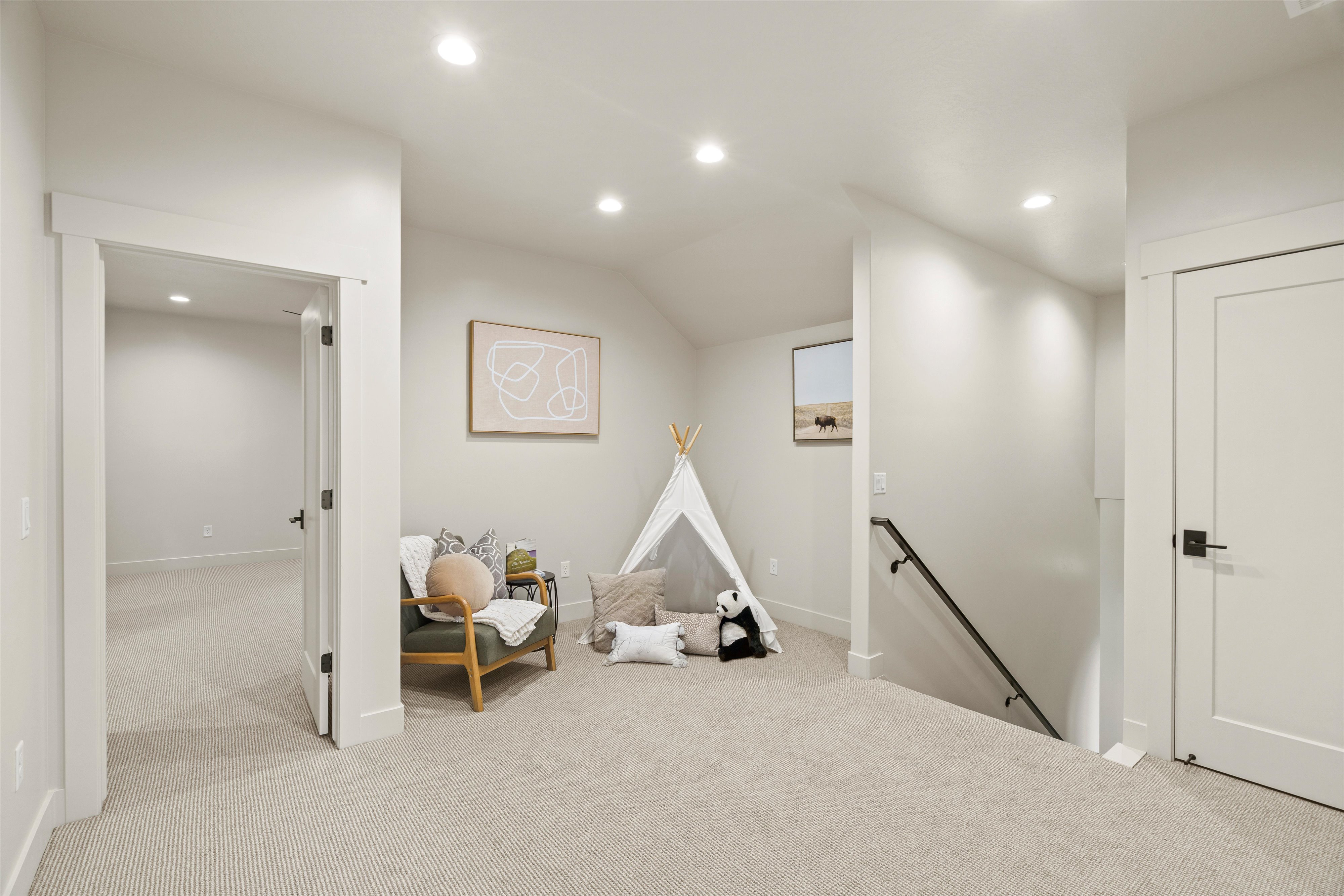 Playroom with recessed lighting and carpet