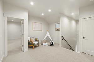 Playroom with recessed lighting and carpet