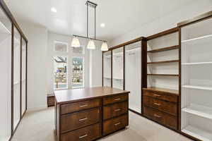 Walk in closet with light colored carpet