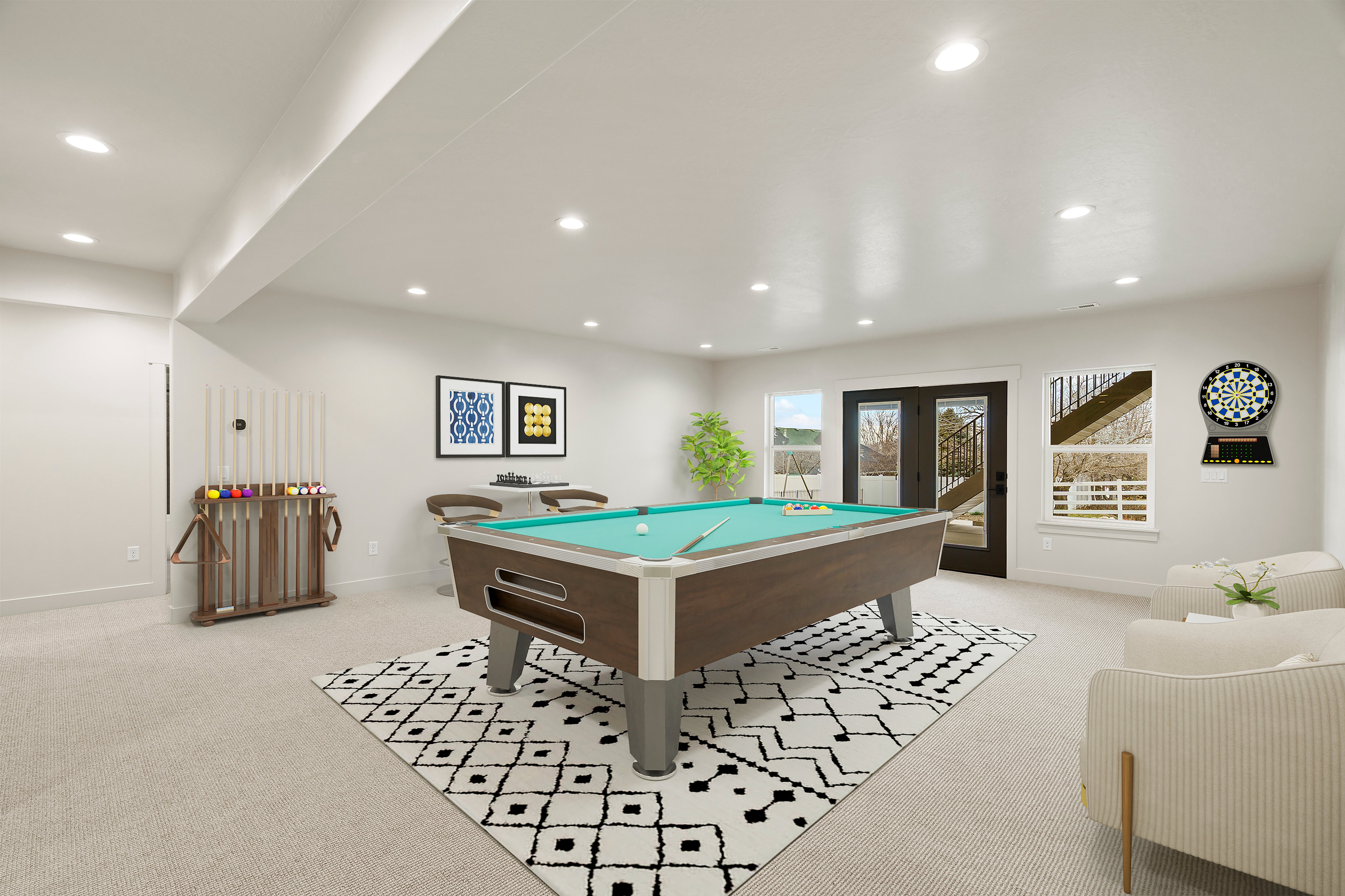 Spacious recreational room with recessed lighting, light carpeting, and white walls