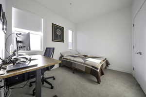 Bedroom with light colored carpet