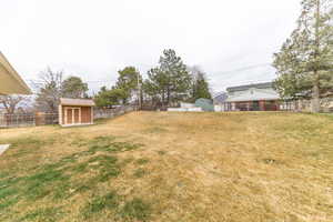 Fenced backyard with large flat grass space and rolling terrace.