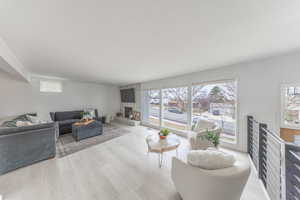 Living area featuring a fireplace and light wood-style floors