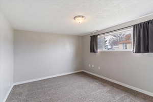 Empty room featuring light carpet and a textured ceiling